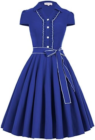 Women's 1950's Vintage Evening Dress Cap Sleeves (S,Blue)
