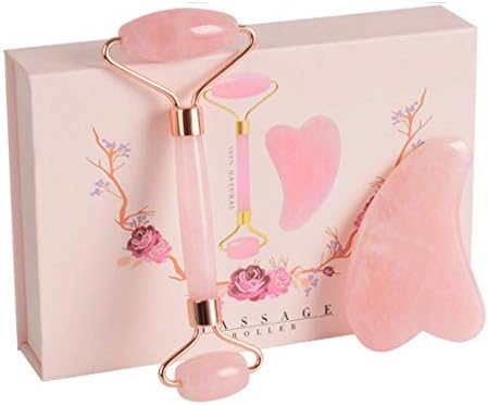 Jade Roller and Gua Sha Scraper Set, 100% Natural Jade Anti-Aging Facial Massage Roller and Guasha Board, Natural Rose Quartz Rejuvenate Roller for Face, Eyes, Neck, Beauty, Body Spa– Pink