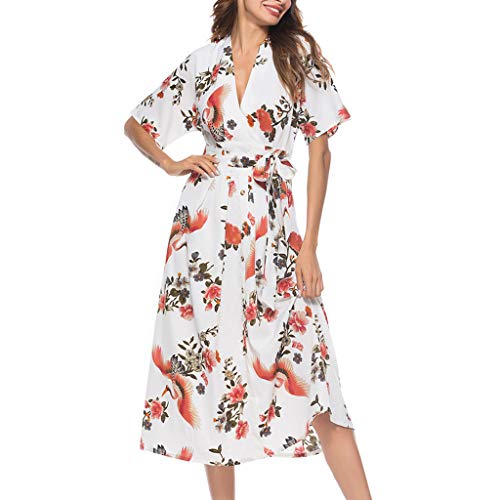 Witspace Women's Vintage Print Short Sleeve Ladies V-Neck Casual Mid-Calf Dress