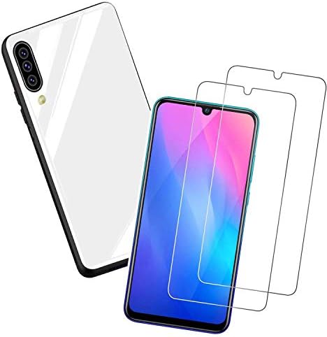 WUFONG case compatible Samsung Galaxy A70,creative soft frame glass phone case,all surrounded by mobile phone case,send 2 pieces of tempered glass film-white