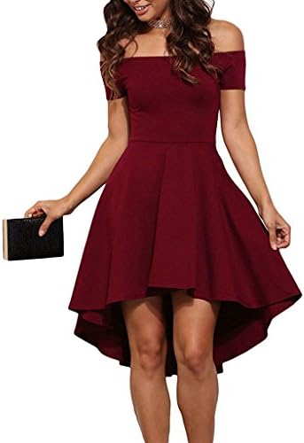 Women HJMY Off Shoulder Sleeve High Low Skater Dress (XL, Red)