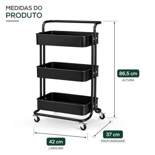 Carrinho Organizador Multiuso 3 Prateleiras com Rodinhas | Estrutura em Aço Carbono e Cestos em Plástico resistente.