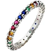 Artever Eternity Rainbow Ring Wedding Band for Women 925 Sterling Silver Cubic Zirconia-Cut Rainbow Multi Color Created-Gemstone Eternity Ring