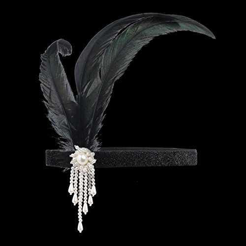 BABEYOND Women's Roaring 20s Feather Headband 1920s Headpiece Hair Band Beaded Headband (White)