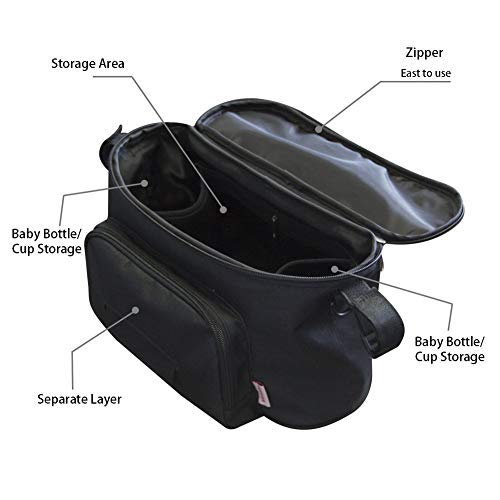 Large Buggy Pram Bag with 2 Cup Holders and Tissue Pocket, Pushchair Stroller Organiser for Mom Travel, Plus 2 Pram Hooks &1 Shoulder Strap
