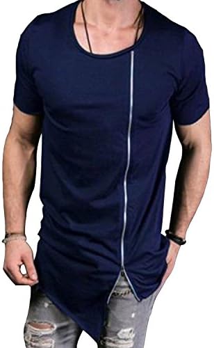 Men's Hip Hop Plus Size Long Extended Irregular T-Shirt Tee Zipper Side Asymmetrical Top (Blue,XXL)