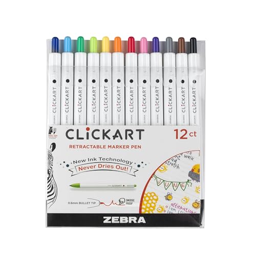 Zebra Pen CLiCKART Retractable Marker Pen, Assorted Ink Colors, 0.6mm Fine Point, Moisture Absorbing to Prevent Drying Out, School Supplies and Teacher Supplies, 12-Pack (69012)