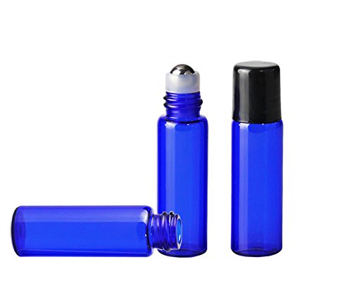 Furnido 10 pcs Thick Refillable Empty 5ml Fragrance Essential Oils Roll On Glass Bottle with Stainless Steel Roller Ball Black Plastic Cap Liquids Oil Cosmetics Perfume Bottle Blue/Purple (blue)