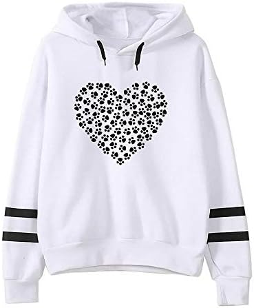 Women's Hoodie Fashion Dog Paw Love Heart Printed Patchwork Long Sleeve Hooded Sweatshirt Pullover Tops