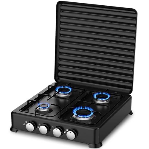 Parrilla de Gas 4 Quemadores, Estufa de Sobreponer Recubrimiento en Polvo Sobre Chapa Metálica con Tapa Rejilla Cuadrada para Ollas Perilla PP Estufa de Mesa para Gas LP Cocina Camping 47.8*47.8*6cm