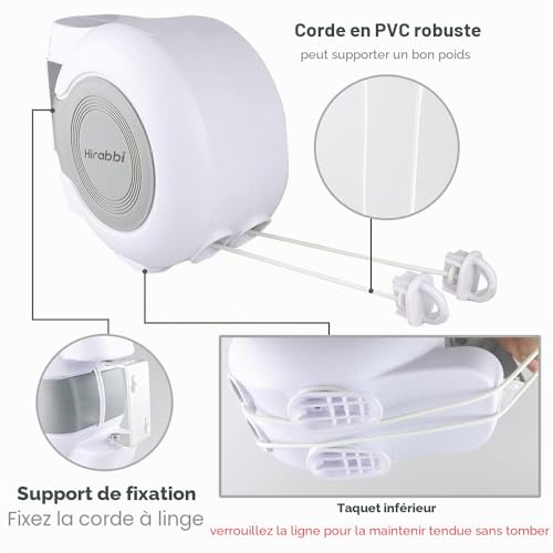 Hoxsury Retractable Clothes Line Space Saving Adjustable Rope Easy Installation Indoor Outdoor 30m Invisible Extension Cable for Balcony/Porch/Garden White