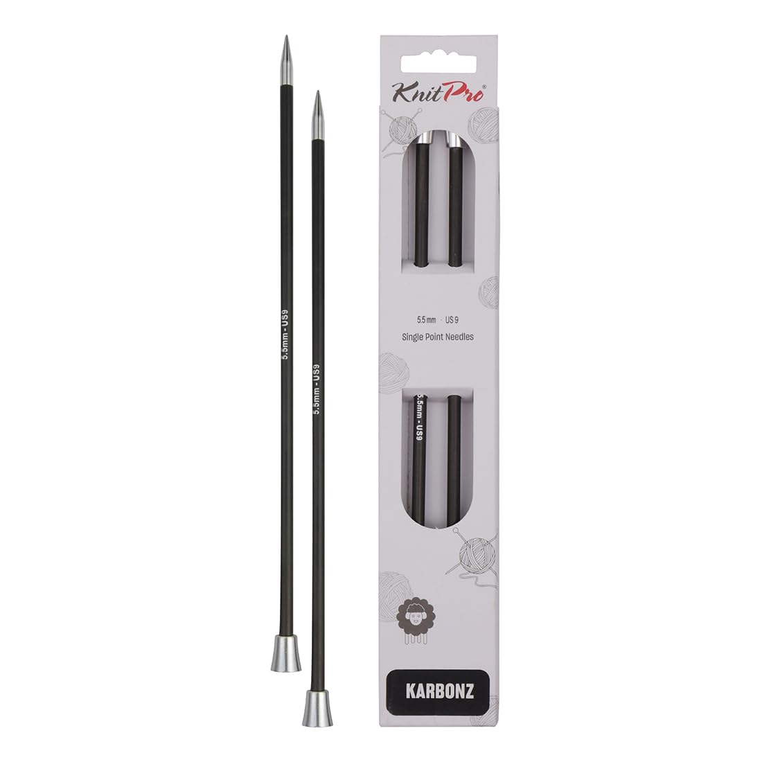 KnitPro KP41261 Karbonz Single Pointed Needles 25 cm x 5.5mm, Black and Silver