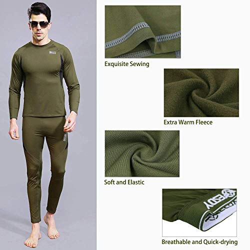 Convallaria Men's Thermal Underwear Sets Ultra Soft Wicking Crew Neck Long Johns Fleece Lined Sweat Bottom and Top Quick Drying for Outdoor Camping Sports Warm Underwear Set Army Green, XL - Thumbnail 6