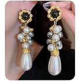 Wiwpar Vintage Pearl Earrings - White Baroque Teardrop Chandelier Pearl Beaded Dangle Earrings for Women - Bridal Style