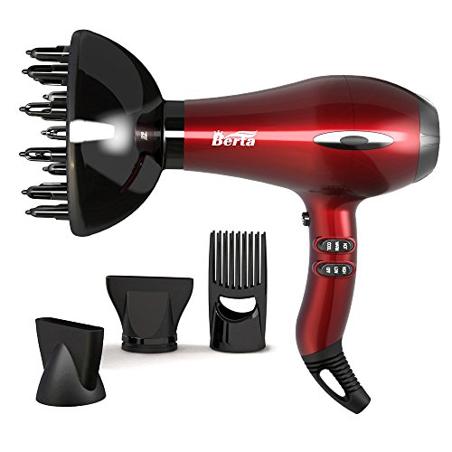 BERTA 1875W Ceramic Tourmaline Hair Dryer Healthy Negative Ionic Blow Dryer with 2 Speed & 3 Heat Settings Plus Cool Shot AC Motor with 4 professional Accessories (Red)