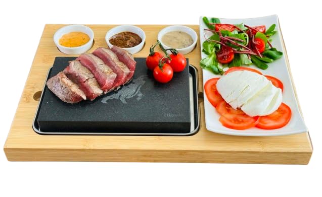 Higoshi 1 x Bull Engraved Bamboo Board 7 Piece Set for Meat, Fish, Veg, Steak - Cooking Stone Set - Sizzling Hot Plate with Bowls