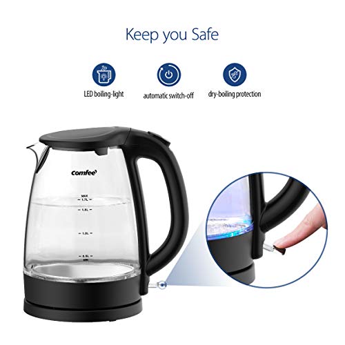 COMFEE' Glass Electric Tea Kettle & Hot Water Boiler(BPA-Free), 1.7L, Cordless with LED Indicator, 1500W Fast Boil, Auto Shut-Off and Boil-Dry Protection