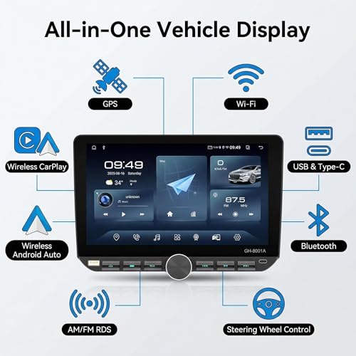Alondy 1 DIN Android 14 (4G+64G) Car Radio with Screen (10.1") Compatible with Wireless Apple Carplay Android Auto Radio AM/FM RDS Bluetooth Navi GPS WiFi Type-C USB Mirror Link
