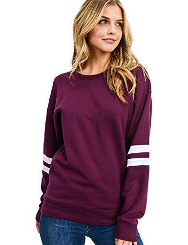 Women's Ultra Soft Fleece Stripe on Sleeves Varsity Solid Sweatshirt, Plum, Medium