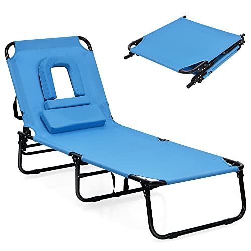 Goplus Folding Chaise Lounge Beach Chair, Face Down Tanning Chair with