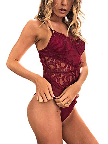 Donnalla Women Sexy One Piece Teddy Lingerie V-Neck Lace Mesh Bodysuit Underwear (Wine Red, Size XL) - Thumbnail 2