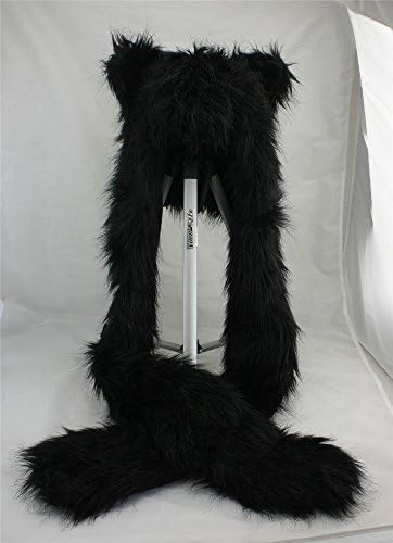 Black Cat Animal Hood Faux Fur Hat with Warm Scarf Mittens Ears and Paws Spirit 3 in 1 Function Long Flap Winter Hat