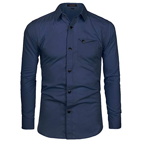 Musen Men Long Sleeve Dress Shirt Casual Solid Color Button Down Slim Fit Military Shirts with Pocket