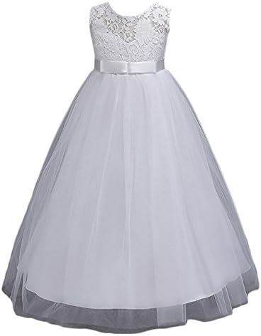 KDFSIN Girls Long Lace Princess Party Dresses Elegant Maxi Gown for Pageant Party Wedding Bridesmaid Prom Communion (8, White)