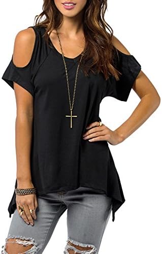 Inspop Women's V Neck cut out cold Shoulder Off Wide Hem Swing Top Shirt