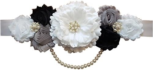Baby Shower Maternity Black and White Sash with Shabby Flowers and Pearl String (Chic)