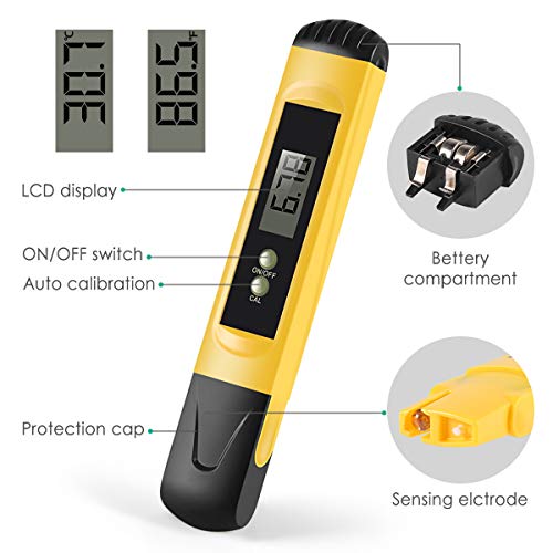 Digital PH Meter, VANTAKOOL PH Meter 0.01 PH High Accuracy Water Quality Tester with 0-14 PH Measurement Range for Household Drinking, Pool and Aquarium Water PH Tester Design with ATC (yellow)