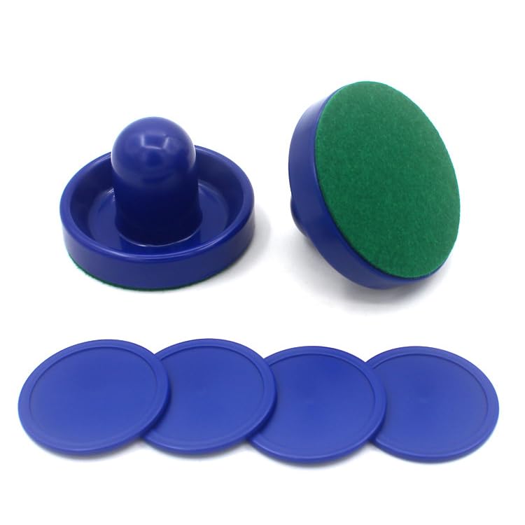Air Hockey Pushers, 2 Pcs 96mm Air Hockey Table Felt Pusher with 4Pcs Red Pucks for Replacement Pucks Table Mallet Goalies for Game Table(Blue)