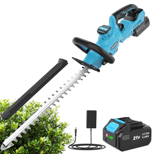 Cortasetos Bateria, LEEIKOO Cortasetos Eléctrico con 4.0Ah Bateria, 180° Ajustable Podadora, 51 cm Longitud Hoja, 16 mm Espacio Entre Dientes, Cubierta Cuchillas para Setos, Ramas, Arbustos, Ramitas