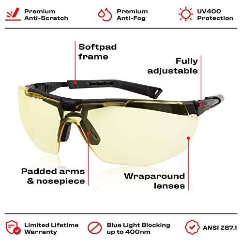 NoCry Yellow Tinted Safety Glasses with Fully Adjustable, Flexible Frames and Nose Pad; UV