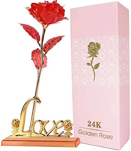 24K Gold Rose, Artificial Flowers, Interior Decoration, Stylish, Colorful, Gold Foil, Rose, Bouquet Gold Plated Rose, Present for Girlfriend, Wedding Anniversary, Birthday Gift, Women, Popular, White Day, Gift, Home Decoration, Mother’s Day, Christmas, Birthday, Forever Love (Red)