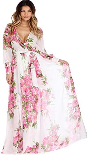 Maxi Dresses For Women, Summer Sexy Flower Long Sleeve V Neck High Waist White Plus Size Chiffon Wedding Cocktail Hawaiian Boho Formal Bridesmaid Evening Prom Party Grils Beach Floral Dress XXXL