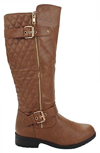 JJF Shoes Mango-21 Women's Winkle Back Shaft Side Zip Knee High Flat Riding Boots Tan 10