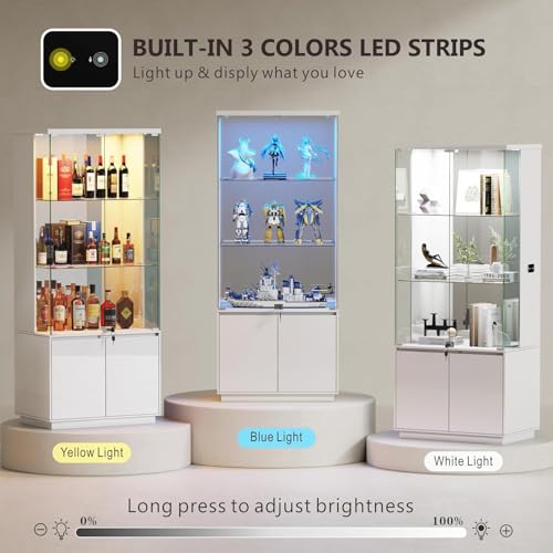 Glass Display Cabinet with Lights, Modern Curio Cabinet Display Cases for Collectibles, Locking Cabinet with Shelves & Drawers, Tall Bookcase with Human Body Sensor for Living Room, White
