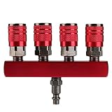Hromee 4-Way Straight Air Manifold 5 Ports Aluminum Industrial Pneumatic Air Compressor Quick Connect Socket In Line Type Air Hose Splitter with 4 Couplers and 1/4" Male NPT Plug
