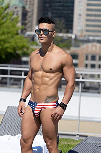 Men's Greek Bikini Swim Brief With Contour Pouch - USA Stars Print, Nylon/Spandex, Hand Wash