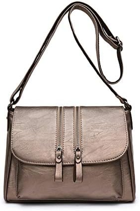 Genuine Leather Crossbody Bag Women Messenger Bags with Two Zipper Ladies Shoulder Bag Bronze