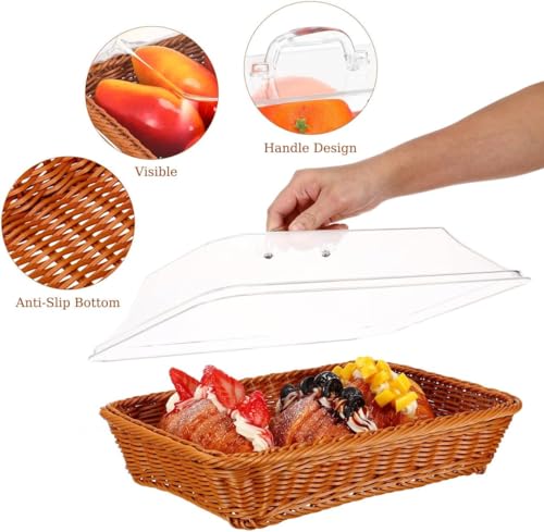 Cesta de pão com tampa tecida imitação Rattan tampa acrílica mesa comida servindo cesta de frutas para cozinha restaurante piquenique
