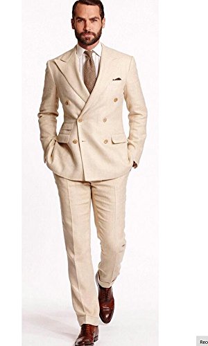 AK Beauty Two Button Slim Fit Men Suit 3 Pieces Double Breasted Business Suits Wedding Suits Groom Suit for Men Beige 42/36