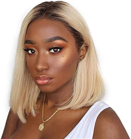 Usexy Straight Human Hair Ombre Blonde Lace Front Wigs with Baby Hair Short Bob 1B/613 Two Tone Brazilian Virgin Hair For Women Bleached Knots (16inch, Lace front wig)