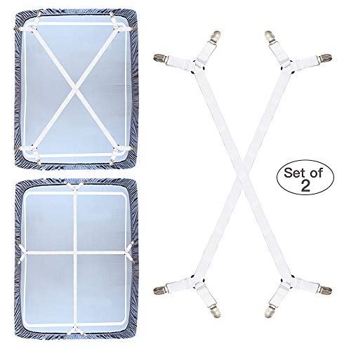Premium Bed Sheet Fasteners, 2 Pcs Adjustable Crisscross Fitted Sheet Band Straps Grippers Suspenders Corner Holder Elastic Heavy Duty for All Bedsheets Flat Sheets Mattress Cover (Set of 2) (white)