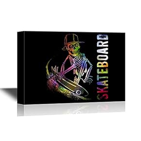 Skateboard Canvas Wall Art - Colorful Skeleton with Skateboard - Gallery Wrap Modern Home Art | Ready to Hang - 12x18 inches