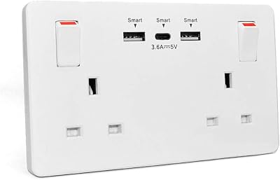 Mscien Wall Socket Double Switched with 2 USB and Type C Fast Charge 13A 2 Gang