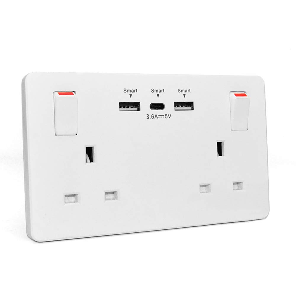 Wall Socket Double Switched with 2USB and 1 Type C Fast Charging,13 Amp 2 Gang White Electric Socket — image 1