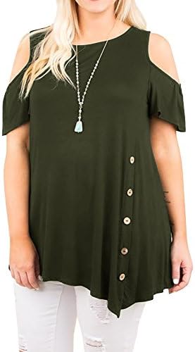 Rotita Womens Cold Shoulder Plus Size Short Sleeve Button Down Irregular Hem Tunics Tops T Shirts (XXX-Large, Army Green)