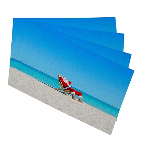 Mugod Santa Claus Placemats Christmas Santa Claus Relaxing on Sunlounger at Ocean Sandy Tropical Beach Decorative Heat Resistant Non-Slip Washable Place Mats for Kitchen Table Mats Set of 4 12"x18"